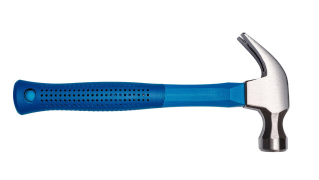 Isolated claw hammer with blue ergonomic handle, essential tool for construction and DIY projects.