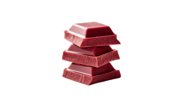Isolated tower of three square ruby chocolate pieces, gourmet sweet dessert candy.