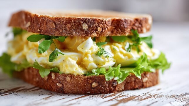 Simple, comforting egg salad sandwich featuring toasted bread and lettuce in a minimalist kitchen setting