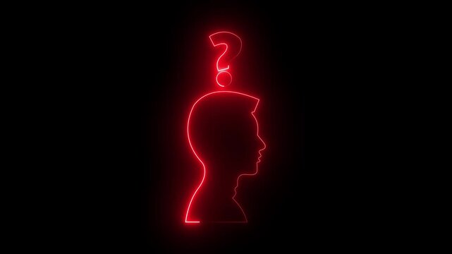 Glowing neon line Human head with question mark icon animation on black background. Help icon, support concept, call center and customer service animation.