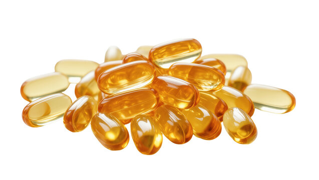 Isolated golden translucent softgel capsules piled together for health and nutrition