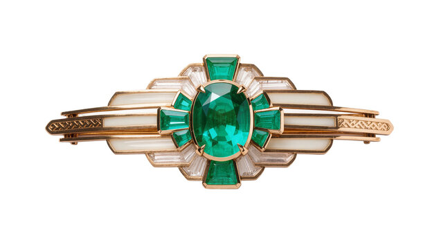 Isolated exquisite Art Deco style emerald and diamond brooch, elegant luxurious vintage jewelry