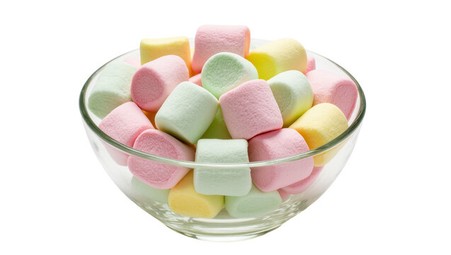 Isolated colorful marshmallows in a glass bowl, sweet fluffy candies for dessert or snack