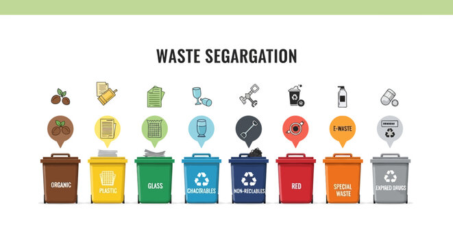 Waste Segregation and Recycling Bins Infographic Set for Environmental Sorting and Management