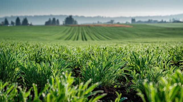 Spring field of young alfalfa thriving under bright morning light