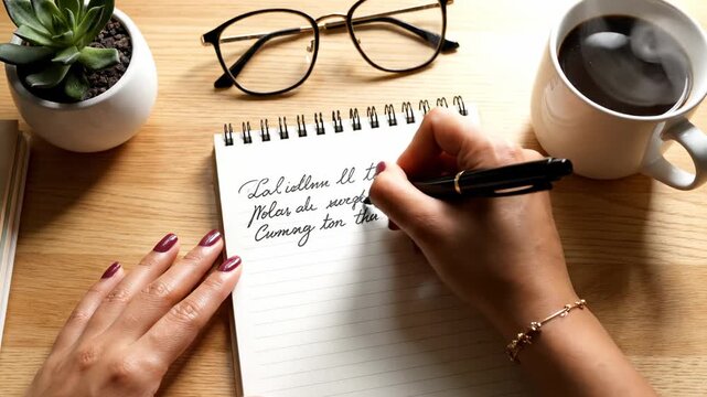 A person's hands writing in a notebook on a wooden desk with coffee, glasses, and a plant.