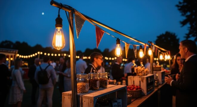 people gathered at an outdoor event with string lights at dusk outdoor event string lights dusk gath