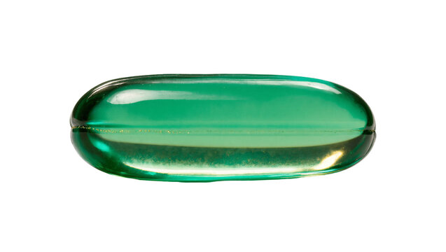Isolated vibrant green transparent gel capsule, healthy omega-3 vitamin supplement close-up