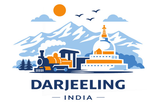 Darjeeling Skyline Flat Vector Toy Train Himalaya India Travel Landmark Illustration