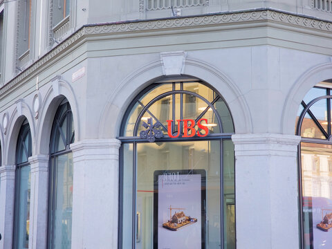 UBS, large swiss bank present in more than 50 countries, logo sign at the entrance of an office on March 20, 2026 in Bern, Switzerland. 
