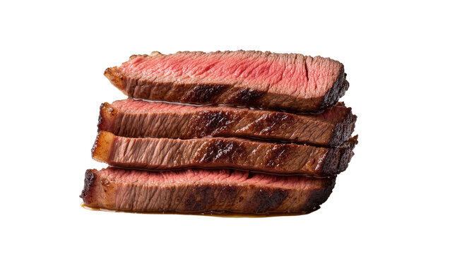 Isolated delicious stack of perfectly cooked medium-rare grilled steak slices ready to eat