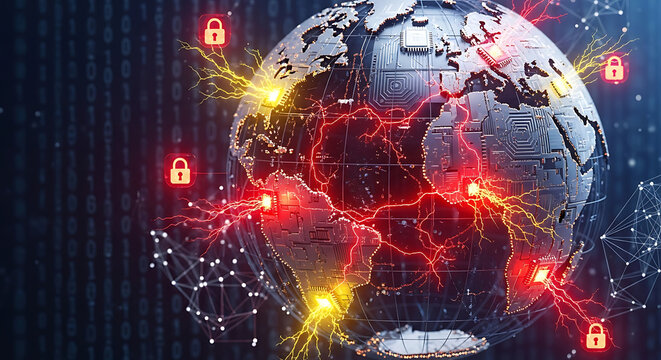 Global Cybersecurity Risk and International Digital Infrastructure Threat Featuring a Cracking Earth World Map with Glowing Blue Binary Code and Holographic Data Security Breach Visualization