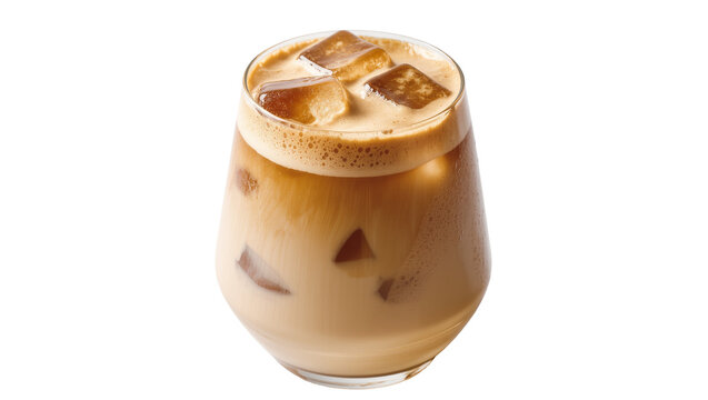 Isolated Iced latte coffee drink in glass with ice cubes and foam, refreshing cold beverage