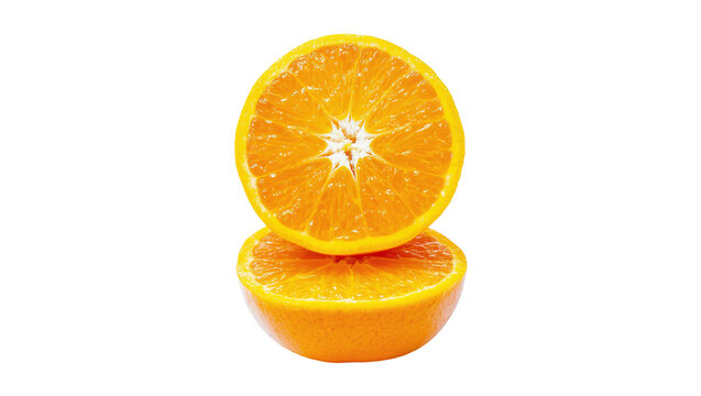 Isolated fresh vibrant juicy orange fruit cut in two halves showing segments and zest