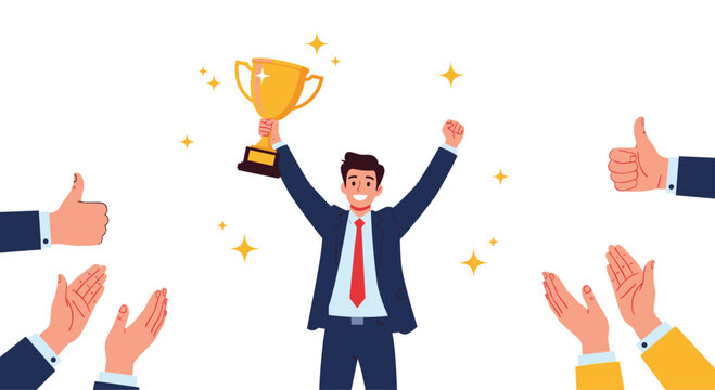 Successful businessman holding golden trophy cup for victory celebration while being applauded by people with clapping or thumbs up gestures.