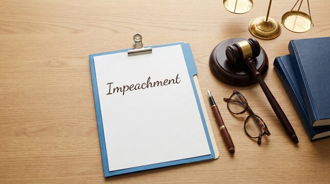 Words 'Impeachment' written on paper beside a gavel on desk