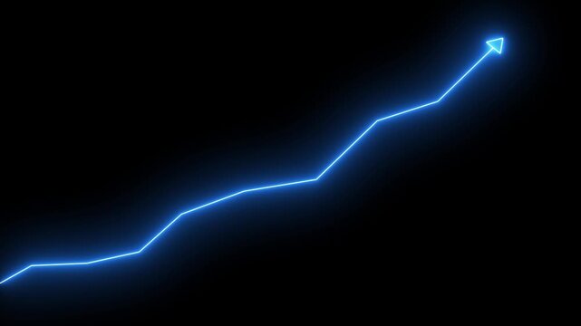 Glowing neon line market Recovery Concept. Successful growth trend blue line graph going Up. Abstract neon line arrow business graph on dark background.