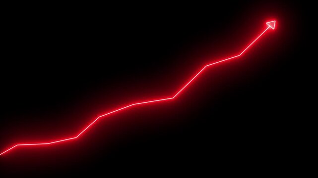 Glowing neon line market Recovery Concept. Successful growth trend red line graph going Up. Abstract neon line arrow business graph on dark background.