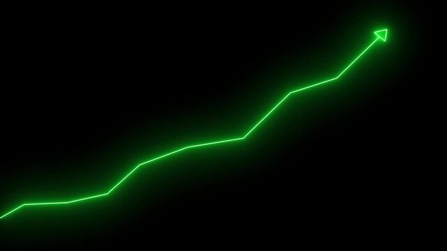 Glowing neon line market Recovery Concept. Successful growth trend green line graph going Up. Abstract neon line arrow business graph on dark background.