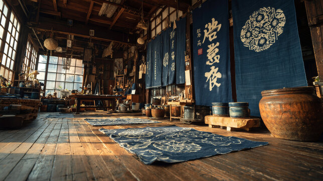 Wide angle interior of traditional Japanese indigo dyeing workshop with handcrafted textiles