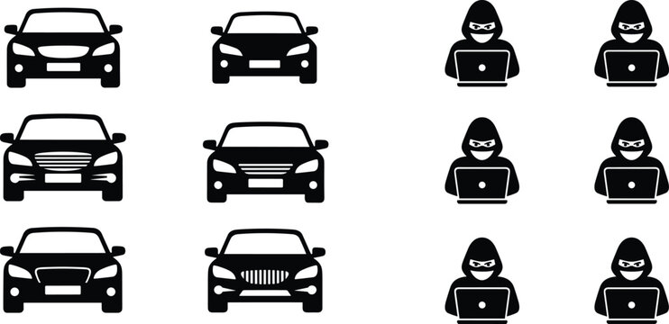 Black icons of cars and hackers behind laptops representing automotive cybersecurity, vehicle hacking threats, and digital car theft protection concepts.