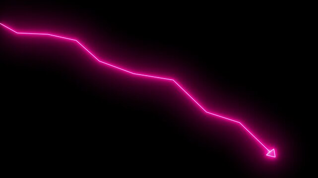 Neon line business graph icon featuring a glowing chart with a downward arrow, symbolizing decline, loss, market drop, risk, or negative growth.