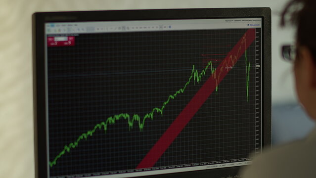 Minsk, Belarus - April 1 2020. Woman trader sitting near the monitor analyzes financial crisis, have fun and enjoy