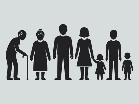 Concept illustration of family life cycle and generational representation, featuring silhouettes of people from infancy to old age, highlighting population demographics