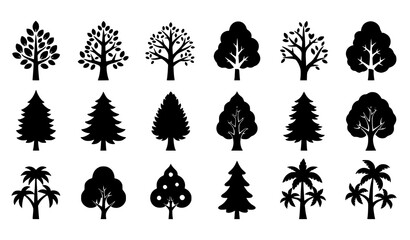 Fototapeta premium Minimal tree silhouette vector collection with various forest and tropical tree shapes isolated on white