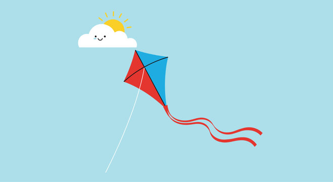 Colorful kite flying high in the blue sky next to a cheerful smiling cloud and a bright sun during a pleasant summer day.