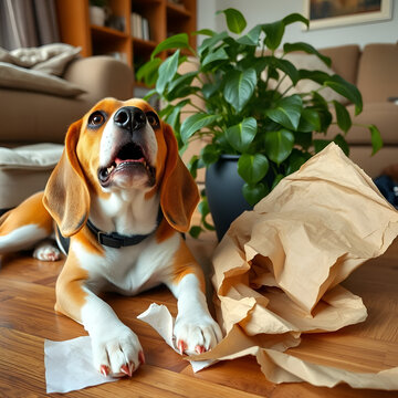 Naughty Beagle dog with torn paper and overturned houseplant lying in messy living room