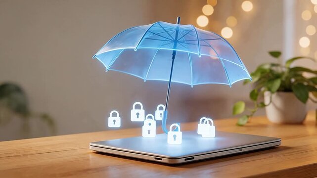 Laptop with glowing padlocks under blue umbrella