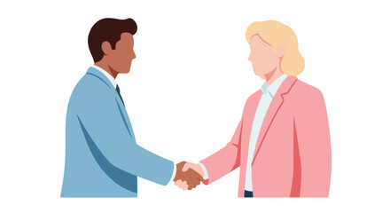 Obraz premium Two diverse individuals, a man in a blue suit and a woman in a pink blazer, shake hands in a flat vector style, representing collaboration.