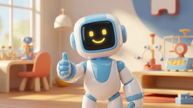 Happy Cute Blue Robot Giving Thumbs Up in Colorful Playroom.