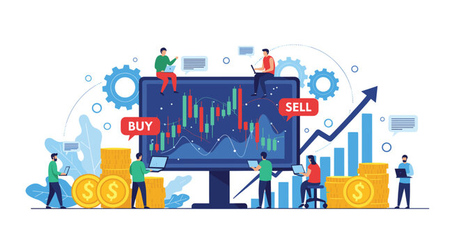 Online stock market trading platform with people analyzing financial candlestick charts for buying and selling investments.