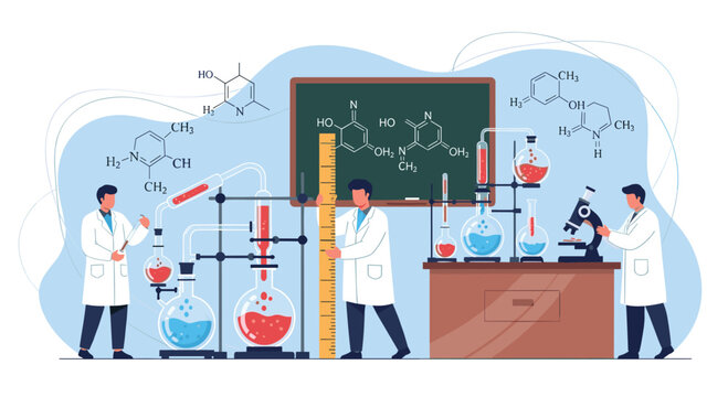 Scientists performing chemical research in a modern laboratory with complex formulas on a blackboard and glass equipment.