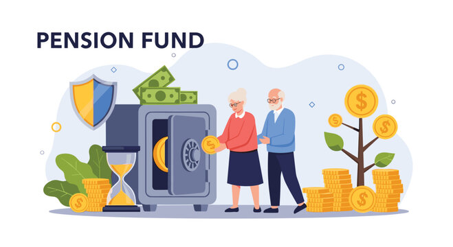 Senior couple saving money for their pension fund by putting a gold coin into a secure bank vault with financial growth.