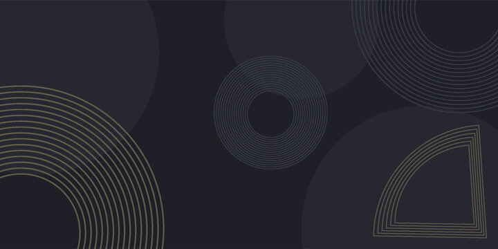 Geometric decorative background in Asian style for web, app, landing. Modern dynamic editable abstract geo different shapes such gold lines, semicircle in random order. Minimalist dark wallpaper.