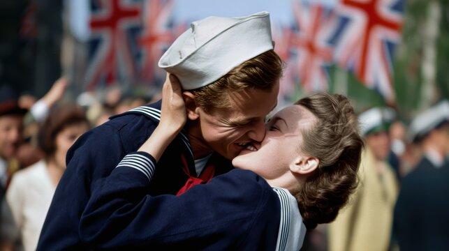 world war ii victory photo, a renowned designers ve-day magazine cover features an american sailor and british wrens celebratory kiss near piccadilly circus