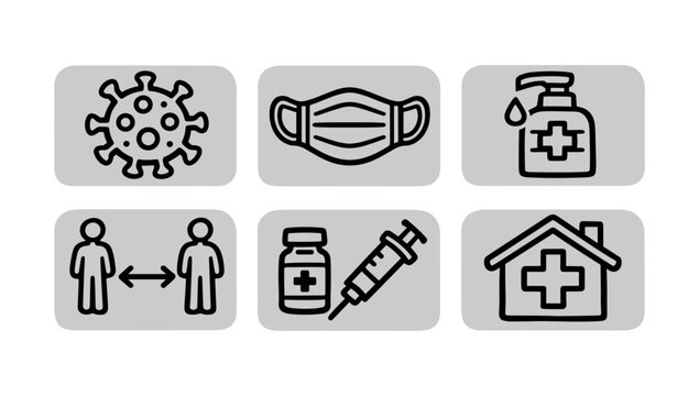 Six rounded square line icons in black on white showing virus, face mask, hand sanitizer, two people with 2m distance, vaccine vial and syringe, and a quarantine house, for signage or health design.
