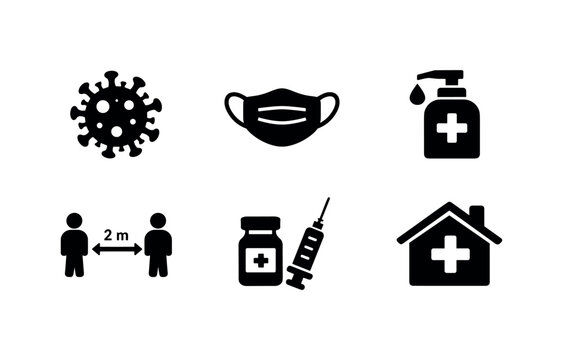 Six solid black icons inside rounded squares showing virus particle, face mask, hand sanitizer bottle, two people with 2m gap, vaccine vial and syringe, and a house with cross for quarantine, 