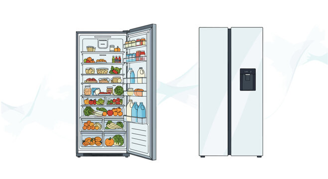 Comparison between an open refrigerator stocked with fresh food and a closed modern double-door white fridge.