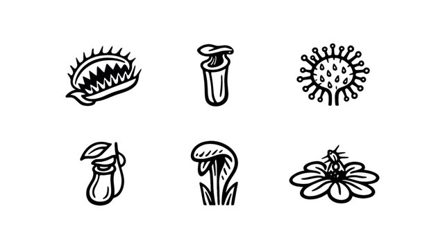 Hand drawn style black line illustrations of six carnivorous plants labeled by name, each in its own rounded square on white background, botanical sketch icon collection.