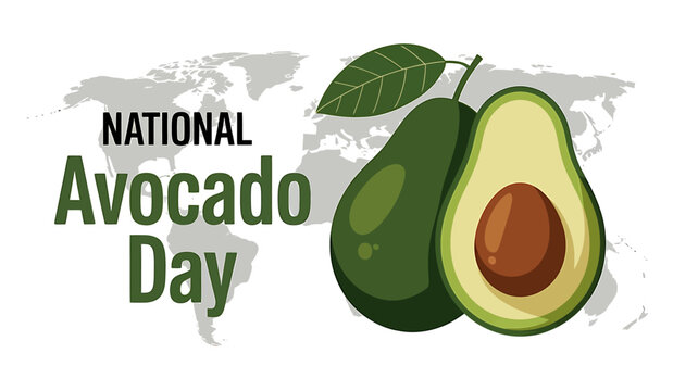 National Avocado Day celebration with whole and halved avocado fruits and leaf on white background
