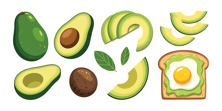 Avocado slices and toast with egg on white background