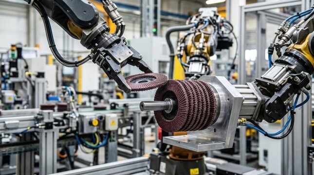 Closeup medium shot capturing ceramic abrasive flap discs being carefully aligned and assembled by robotic arms for enhanced grinding performance.