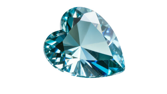 Isolated heart shaped blue aquamarine gemstone with brilliant facets and sparkle