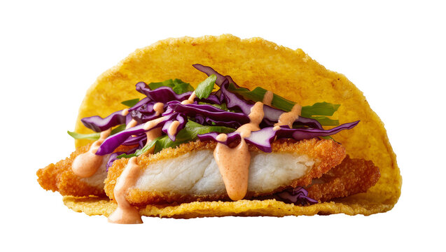 Isolated crispy fried fish taco with vibrant red cabbage, fresh lettuce, and creamy sauce
