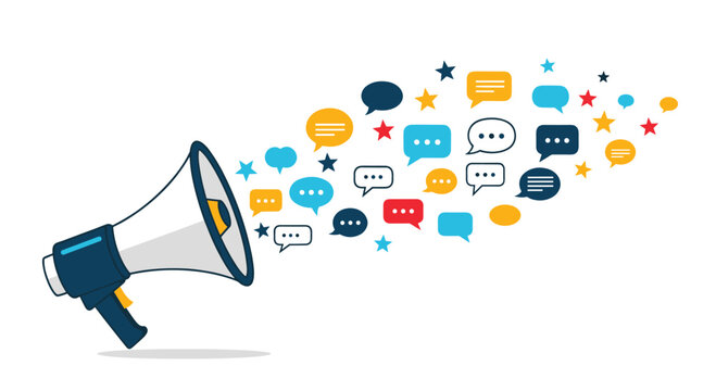 Blue megaphone releasing a colorful burst of speech bubbles and stars to represent social media marketing and viral news.