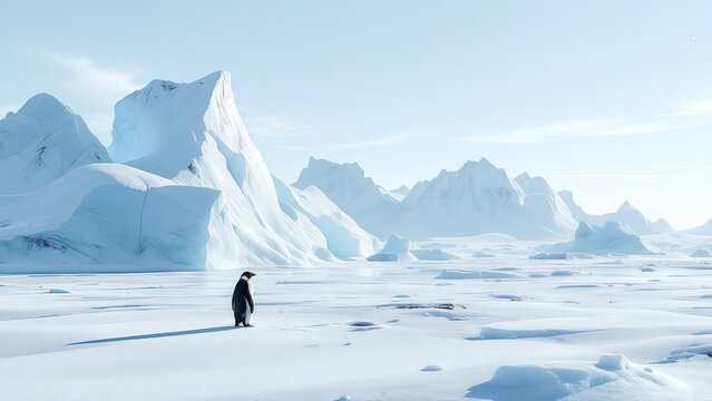 A solitary emperor penguin stands on a vast frozen ice field surrounded by majestic white icebergs and snow-covered mountains in Antarctica